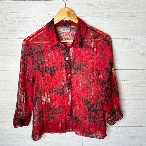 Chicos Bluse Damen Gr. 1 / M rot, schwarz-weiß Blumenmuster Bambusmuster Leinenmischung - Bild 3 von 18
