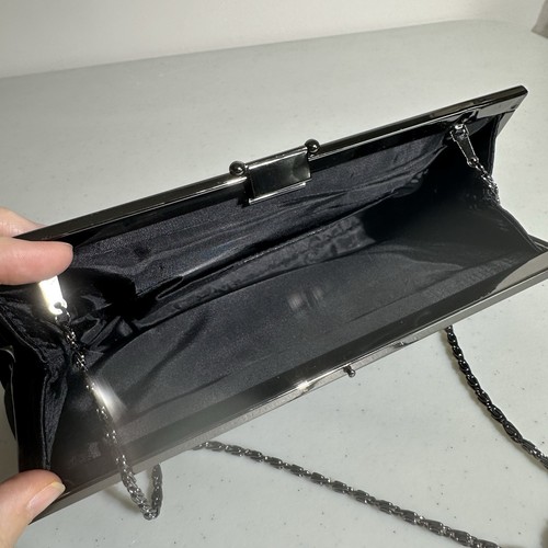 Jessica McClintock Satin Evening Bag Purse Black Pleated Shoulder Chain - Picture 6 of 12