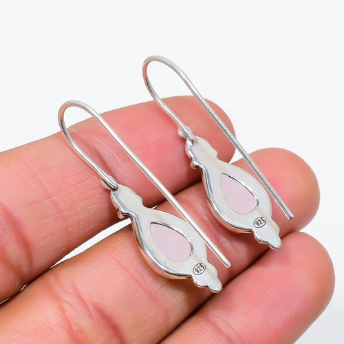 Rose Quartz Gemstone Handmade 925 Sterling Silver Jewelry Earrings - Picture 4 of 4