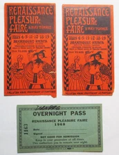 RENAISSANCE PLEASURE FAIRE TICKET STUBS AND OVERNIGHT PASS 1968 LOS ANGELES