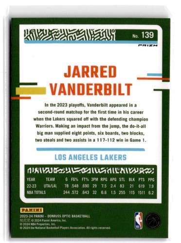 2023-24 Donruss Optic Jarred Vanderbilt #139 Holo Los Angeles Lakers - Picture 2 of 2