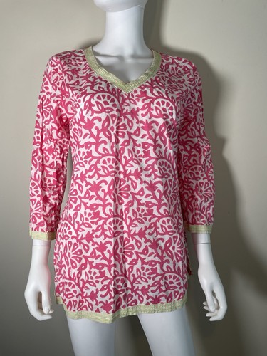 Gretchen Scott Top Womens Sz M Tunic V-Neck Green Pink 3/4 Sleeve Blouse Cotton - Picture 2 of 16