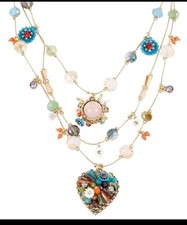 Betsey Johnson Woven Mixed Multi-Colored Bead Flower Heart Illusion Necklace NWT