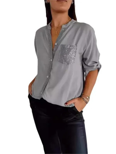 Freizeitshirt Damen Blusen V-Ausschnitt Pailletten Spleißen Langarm Neu Herbst Freizeit - Bild 22 von 33