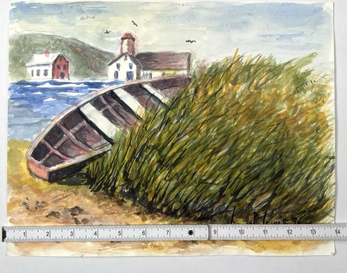 Vtg Fishing Boat Stuck In Grass Watercolor Painting 11x14” Rowboat By Lighthouse - Picture 9 of 9