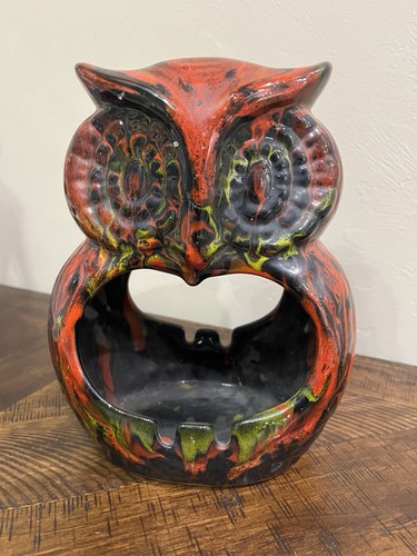 Vintage MCM Owl Ceramic Ashtray Incense Brown Orange Green Drip Glaze - Picture 2 of 9