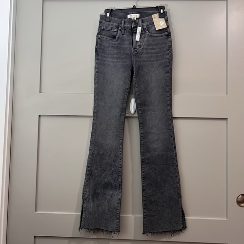 Madewell Mid Rise Kick Out Full Length Jeans Women Sz 26 Black Denim Raw Hem NEW
