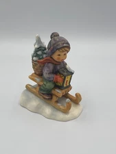 Goebel MJ Hummel Boy on Sled with Lantern & Christmas Tree Figurine 1981 Signed 