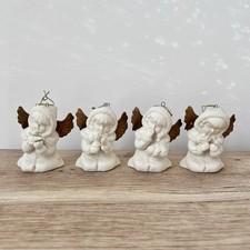 Brinn Bisque Vintage Set Of 4 Angels Christmas Ornaments Gold Wings 3 1/4?