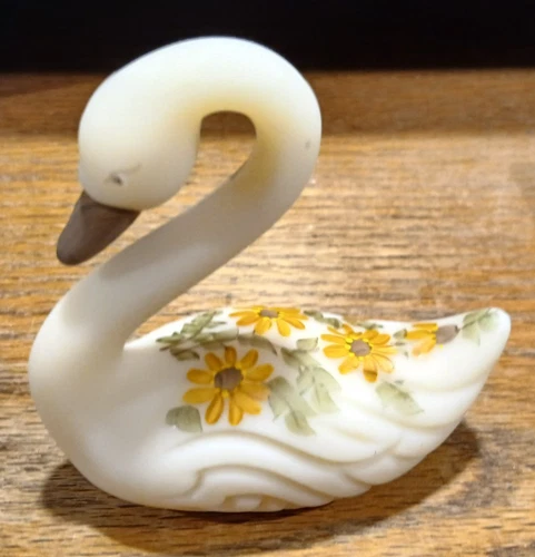 Fenton Satin Custard Swan w/Hand-Painted Flowers