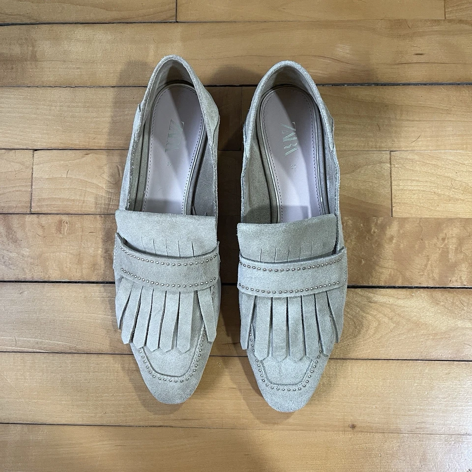 Mocasines ZARA Beige Tachonado Gamuza Cuero Punta Punta Punta Flecos Foto 2 de 4
