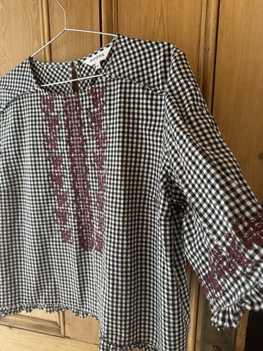 Brora Gingham Blouse Size 18 Blue Checked Embroidered - Picture 3 of 13