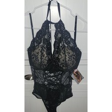 Dreamgirl Black Lace Halter Neck Nude Illusion Cups Teddy Bodysuit Medium new
