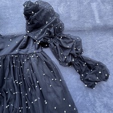 Asos Dress Womens  Eight Black Babydoll Tulle Faux Pearl Puffy Sleeve