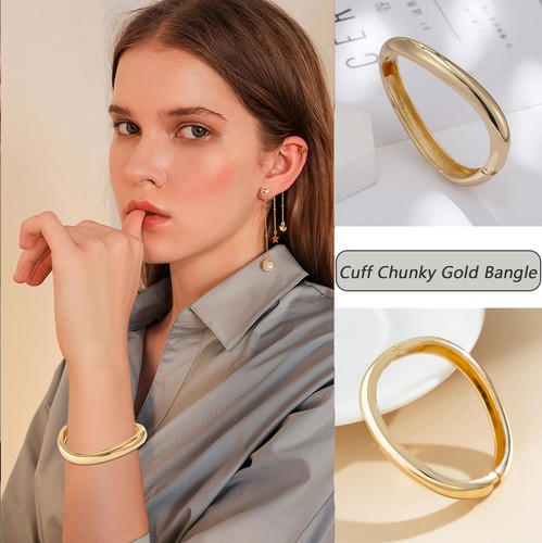 Gold Cuff Bangle Bracelets For Women Trendy Hinged Cuff Open Wide Chunky Gold Br - Picture 2 of 7