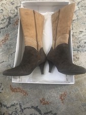 Vintage Bijou Three Tone Color Block Brown Tan Suede Retro Heeled Boots Sz 6.5M
