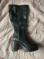 Black Platform Knee High Boots Women Faux Leather Block Heel Round Toe Zip