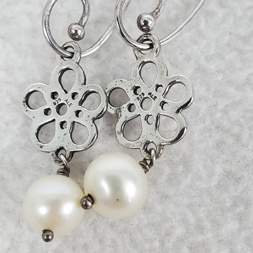 PANDORA Dangle Pearl Sterling Silver 925 ALE Earrings Signed Unique Rare - Picture 4 of 6
