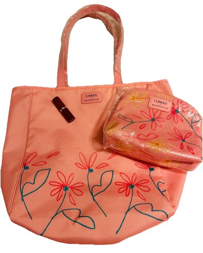 2-teiliges Clinique x Drawbertson Set - Frühlingstasche und Kosmetiktasche & Lippenstift Neu