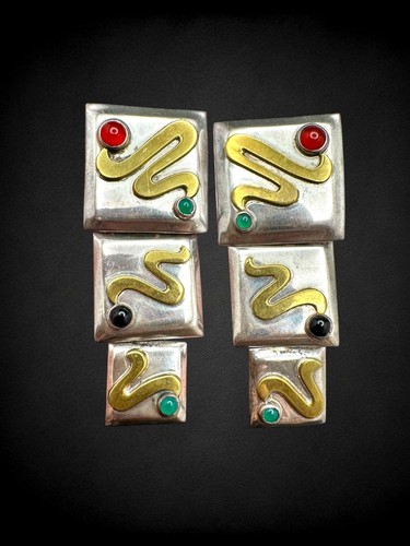 Vintage Taxco Mexico 925 Sterling Silver Ruby Emerald Onyx Modernist Earrings - Picture 6 of 10