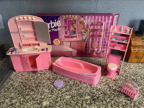 Vtg Mattel 1993 Barbie Bathroom Playset Tub Sink Vanity Complete Set In Box 9511