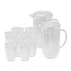 Clear Plastic Pitcher & Tumbler Set 2pcs 2L Jug with Lid 8pcs 400ml Cups Ribbed