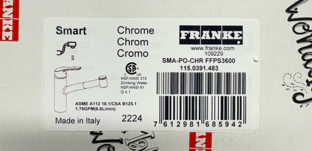 Franke FFPS3600 Smart 1.75 GPM Pull-Out Spray Kitchen Faucet, Chrome*NEW*