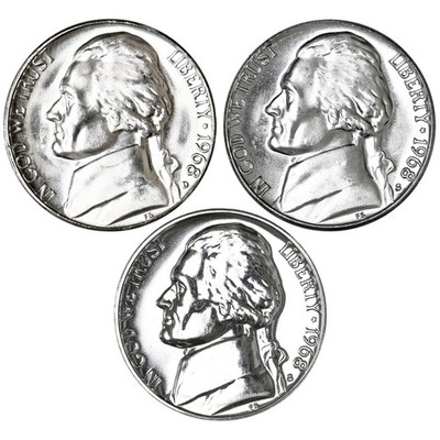 1968 D S S Jefferson Nickel Year Set Proof & BU US 3 Coin Lot