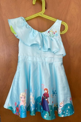 Disney Frozen Dress Girls Small Blue Anna Elsa Olaf Floral Print Costume Size 4