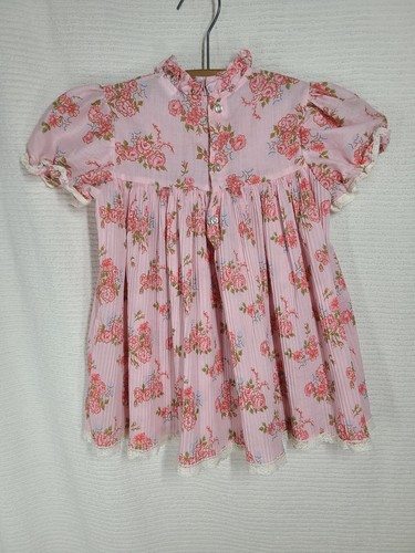 Vintage Kids Pink Tunic Dress Girl Child 4 S Blue Poly Cotton Lace Ruffle Floral - Picture 7 of 8