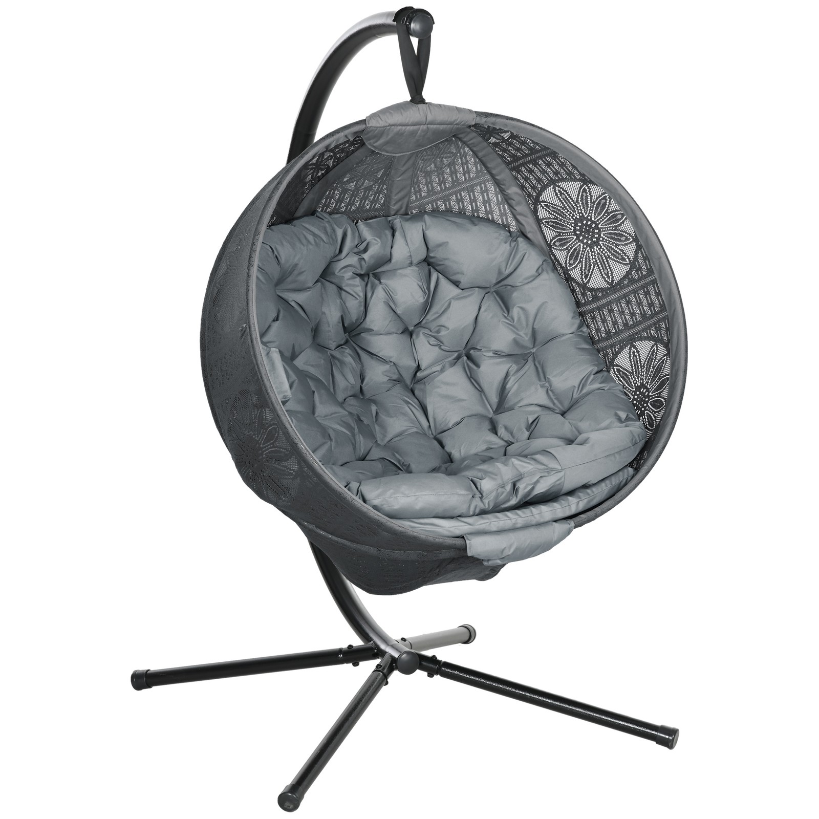 Outsunny Hanging Swing Chair W/ Metal Stand & Side Pocket, Charcoal Grey - Image 2
