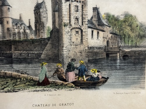 Antique Hand-Tinted Lithograph Château de Gratot by Benoist & Ciceri c.1850s - Picture 11 of 15