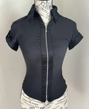 Bebe Black Zipper Blouse with Roll Tab Sleeves Size XXS Silk Blend