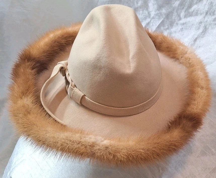 De Colección Mr. John Jr. 100% Lana Excello Fedora Luxe Visón Piel Borde Sombrero Beige/Marrón OS Foto 4 de 4