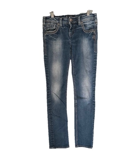 Pantalones de mezclilla plateados para mujer 26X29 azul Aiko medio ajustados al tobillo bolsillos bordados - Imagen 1 de 14