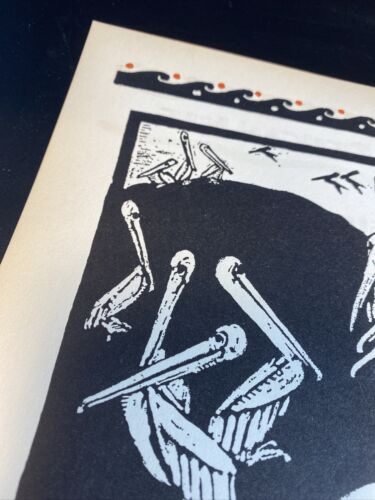 Pelikan Grafik mit Wellen Vintage skurrile Buchillustration - Bild 5 von 9