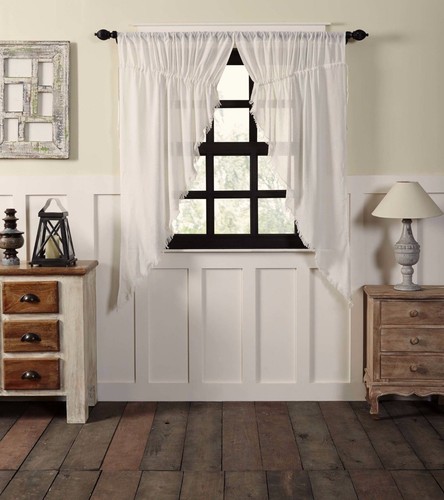 Sheer Tobacco Cloth Antique-White Color Fringed Drawstring Prairie Curtain Set - Foto 5 di 6