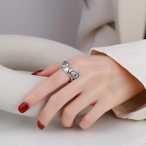 Cute Frog Blue Eye Silver Ring, Adjustable Size, Toad, Fun - Picture 8 of 11