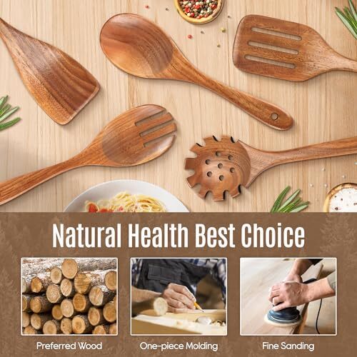 Wooden Spoons for Cooking Natural Teak Wooden Kitchen Utensils Set Wooden - Picture 2 of 8