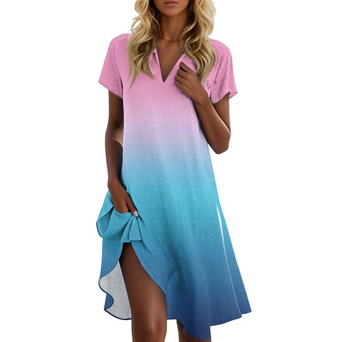 Womens Sun Dresses 2025 Swing Short Sleeve V Neck Floral Print Knee Length Dress - Picture 32 of 48