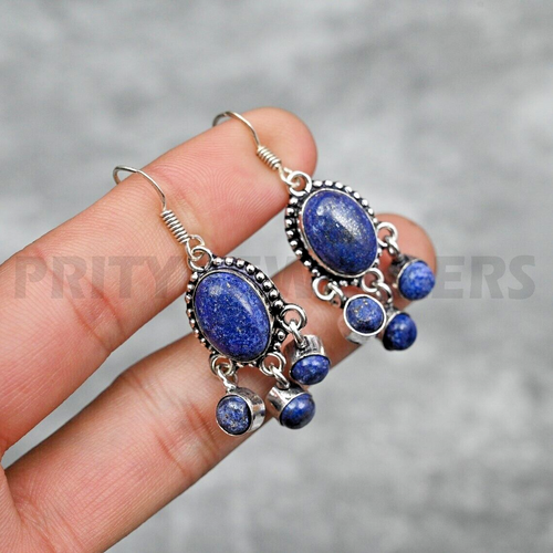 Lapis Lazuli Earrings 925 Sterling Silver Handmade Gemstone Jewelry Size - 1.88" - Picture 2 of 5