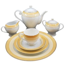 Porcelain Tea Service Set plus Dessert Serving Plates 24 Pc Gold Band Design