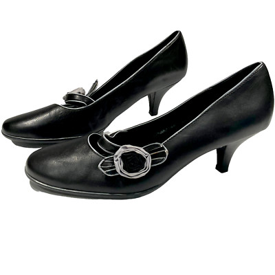 Whats What By Aerosoles Womens Black Gray Ribbon Rose Leather Pumps Heels Sz 10M