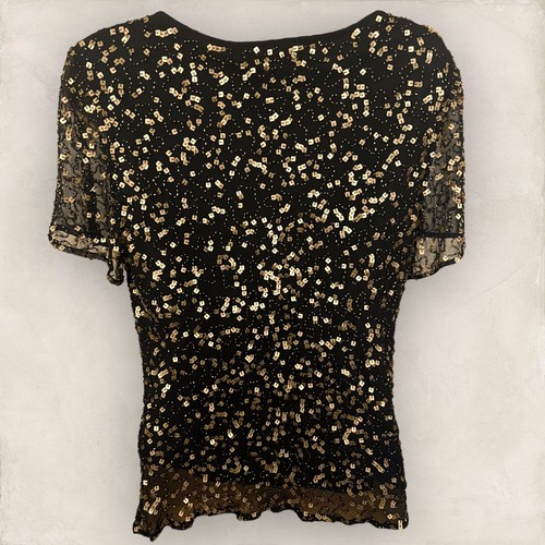 Jacques Vert Womens Black Brown Sequin Cap Sleeve Silk Evening Top UK 12 BNWT - Picture 3 of 4