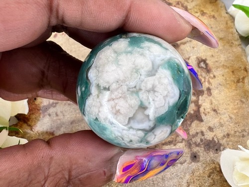 Green flower agate sphere - high quality green flower agate crystal ball - 1.3" - Picture 4 of 10