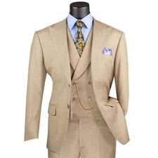 VINCI Men's Taupe Textured 3pc Modern Fit Suit w/ Adjustable Waist - NEW