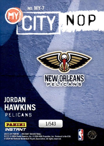 JORDAN HAWKINS RC 2023-24 Panini Instant My City /543 #7 Pelicans ROOK ID:109366 - Picture 2 of 2