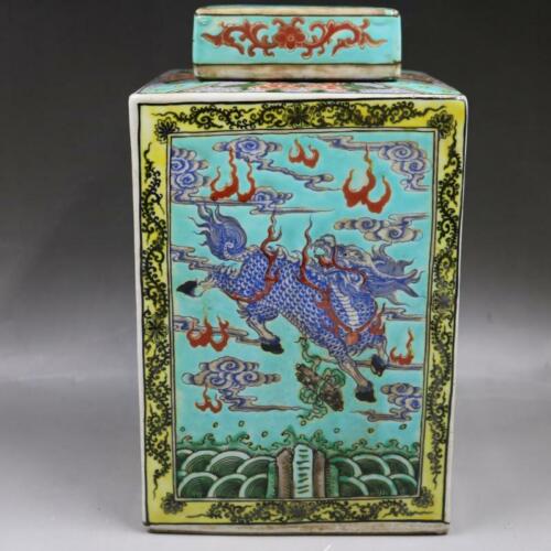 11.65" Chinese Famille Rose Porcelain Jar Qing Kangxi Kirin Design Pot Tea Caddy - Picture 2 of 7