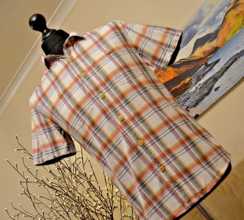 FATFACE FAT FACE Mens Shirt Classic Fit SS Creme Pastel Cotton Check Sz. Small