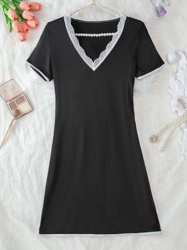 Women's Short-sleeved Nightdress Slim-fit Nightwear Babydoll Lace Sleepwear Gift - Picture 7 of 12